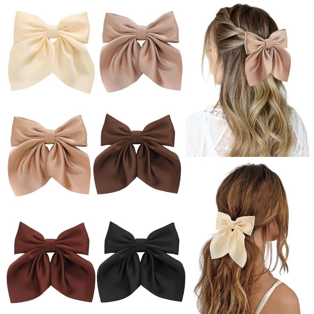 6pcs Hair Bows For Women, Bow Hair Clips, Silky Satin Hair Bows For Girls, Neutr